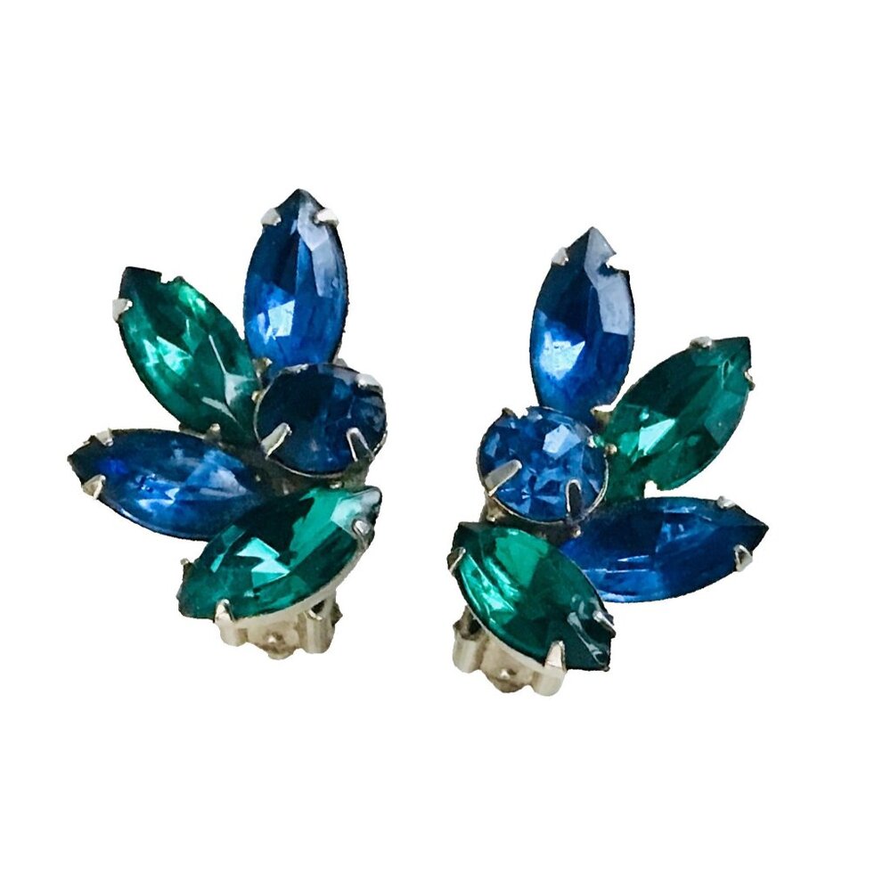 Vintage Aqua Peacock Teal Blue Rhinestone Earrings Clip-On Silver Tone